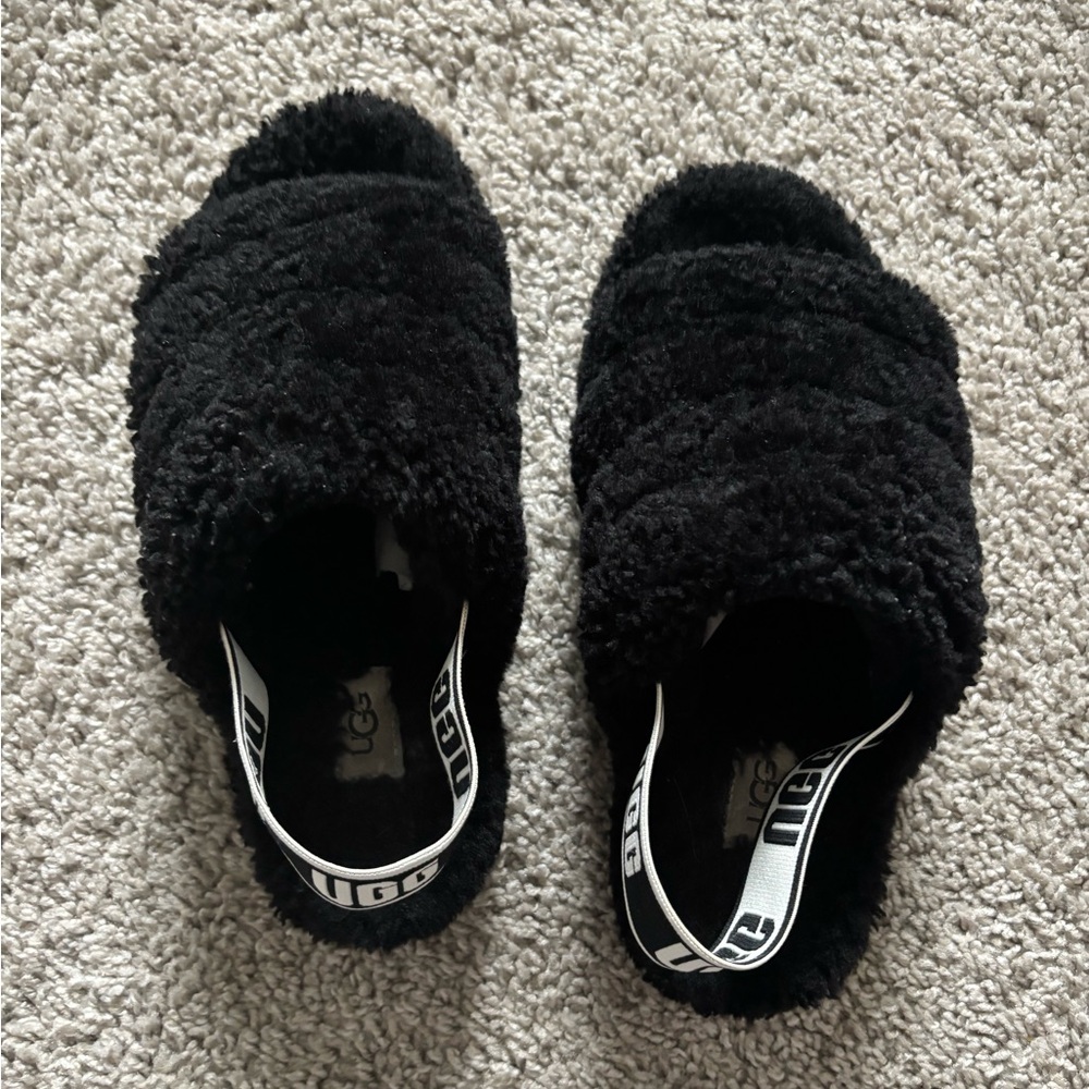 UGG Black Fuzz Slip-On Slingback Slippers